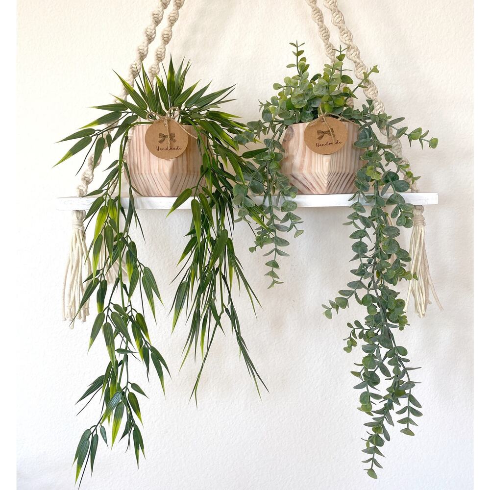 Set of 2 - Hanging Faux Bamboo and Eucalyptus Plant in Handmade Wood Pot